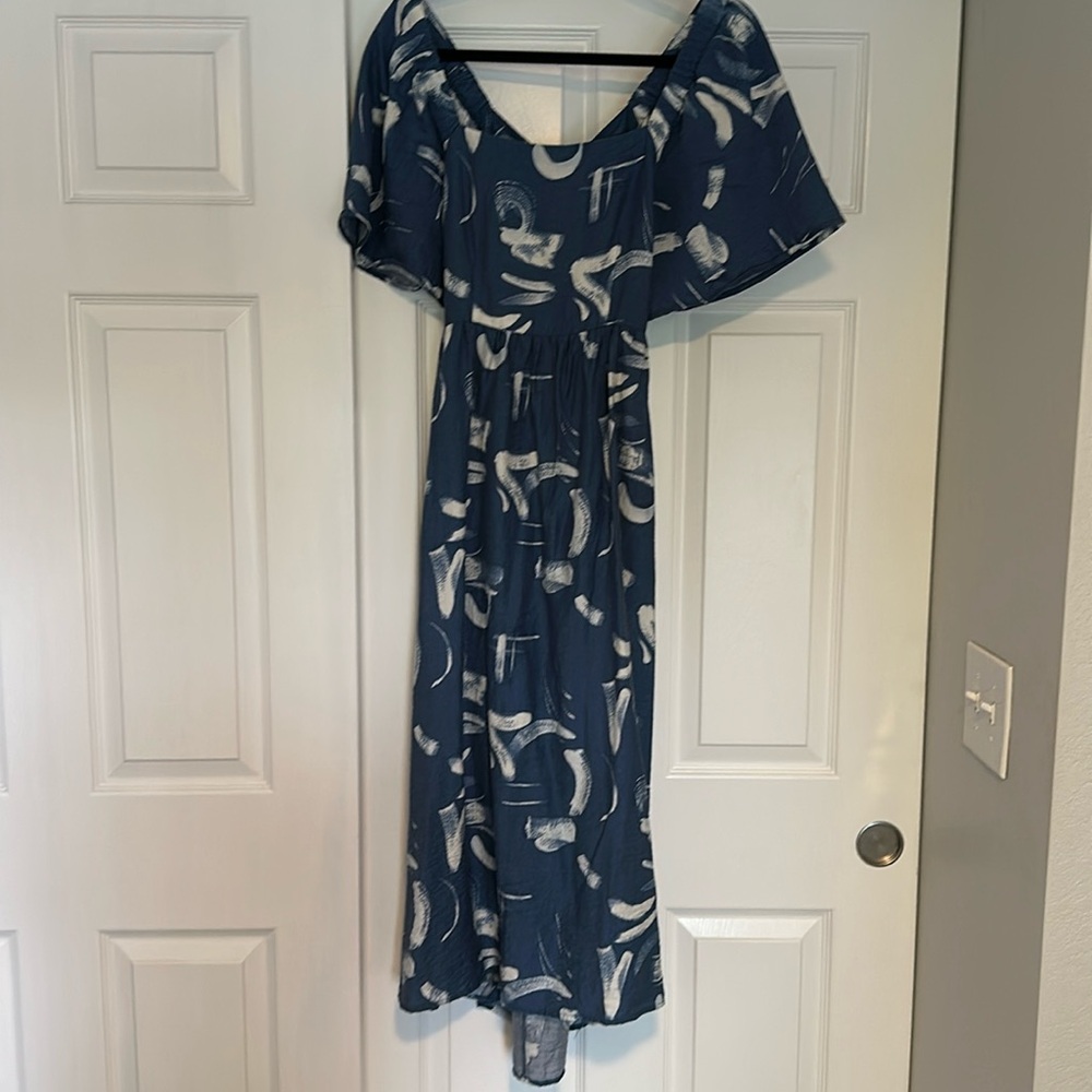 Blue and white, open back midi dress